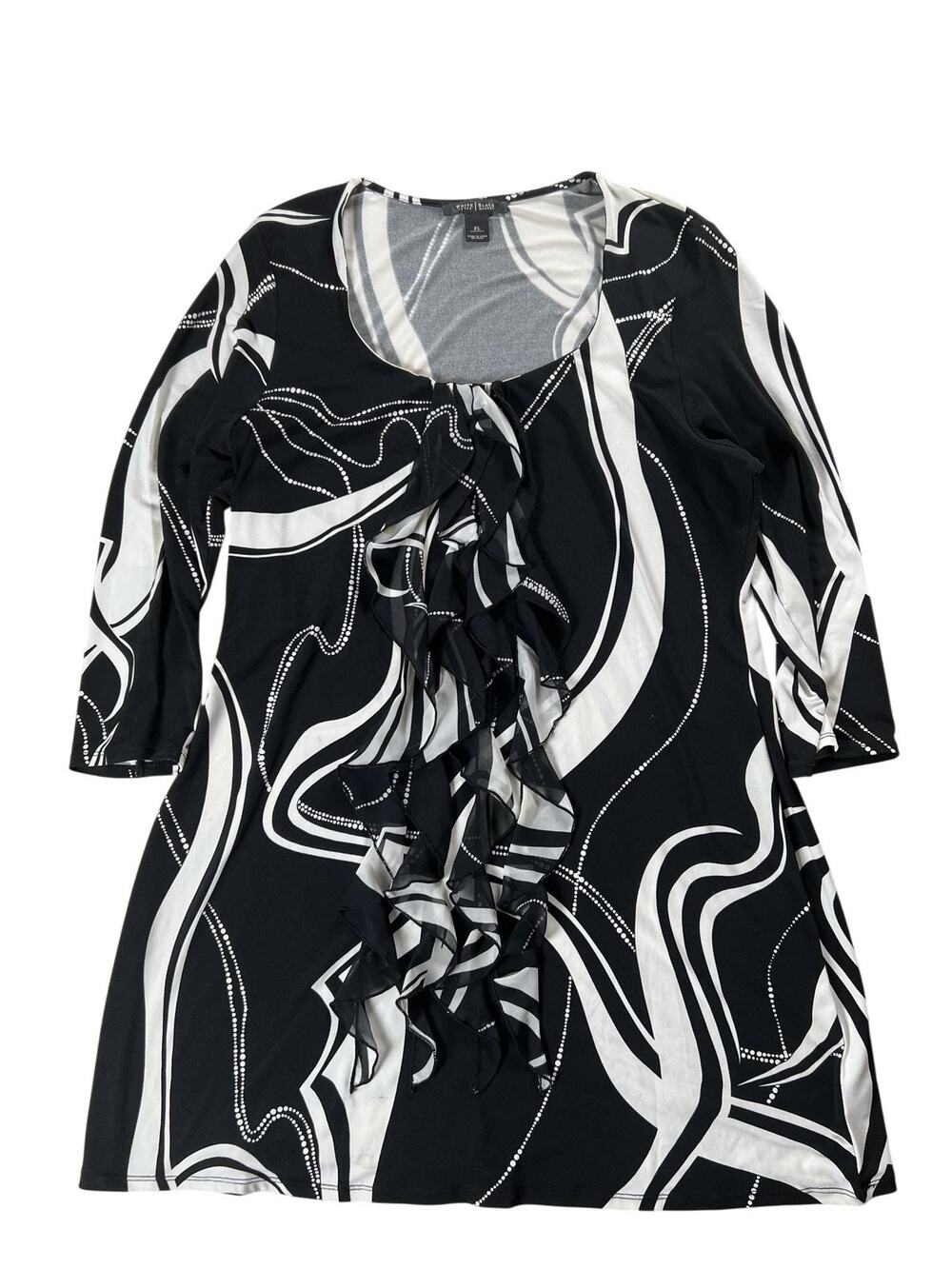 White House Black Market Tunic Womens XL Black Scoop Neck Ruffle Geometric